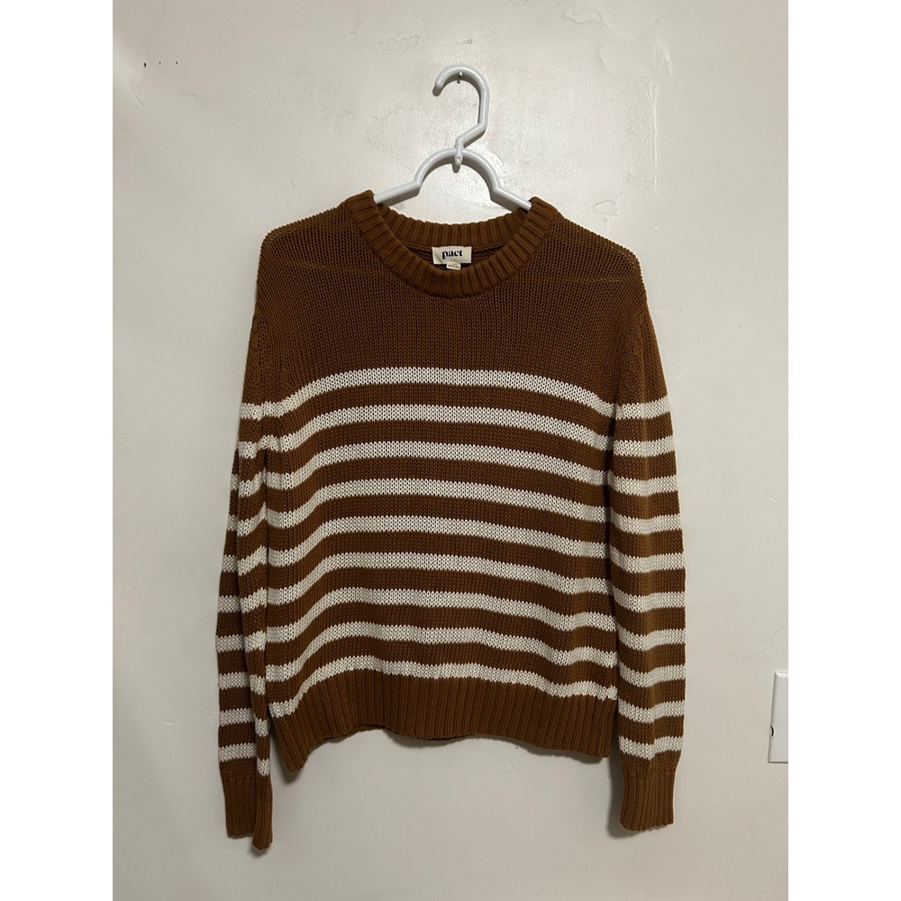 Pact Organic Cotton Striped Sweater Brown White Crew Neck Pullover Womens M